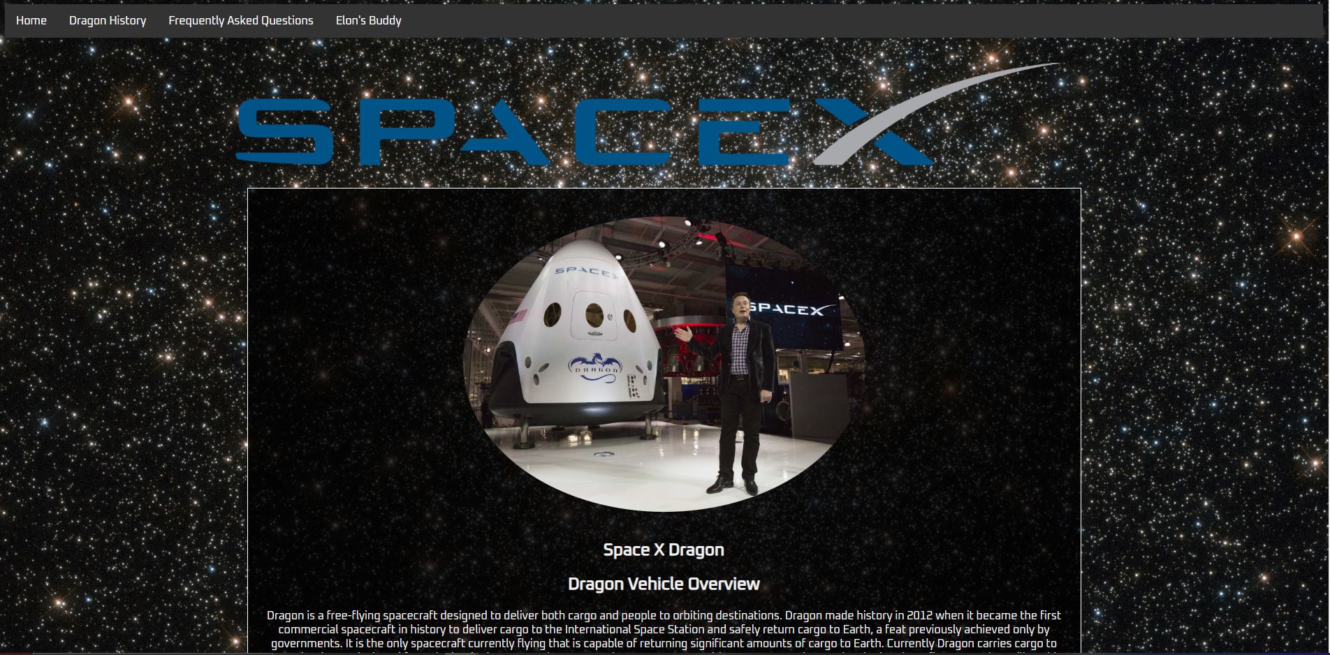 example of my Space X Dragon Website